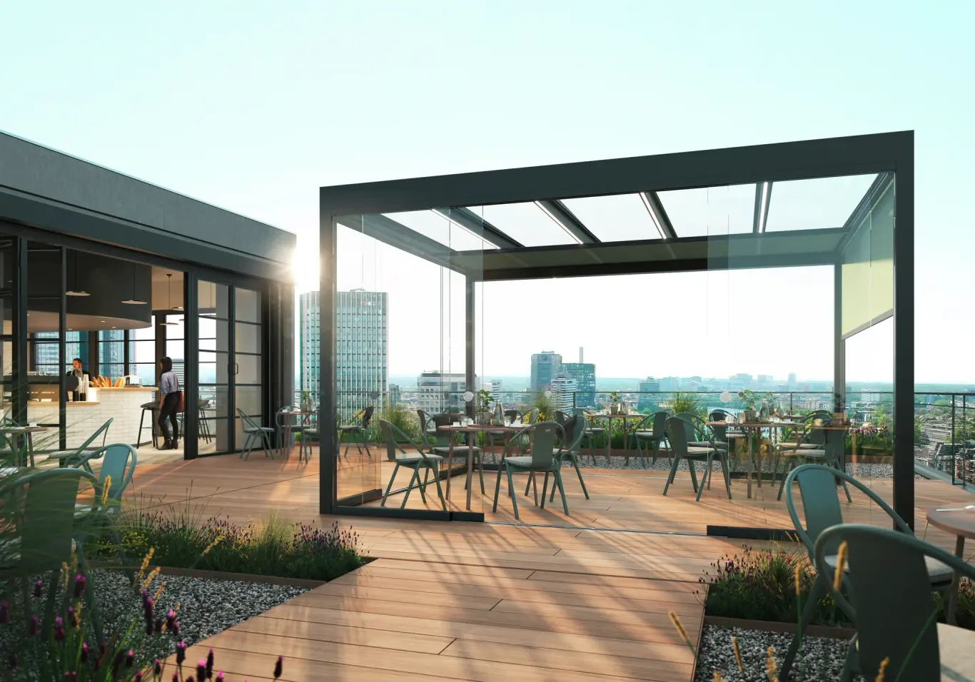 Video patio roof with glass roofing