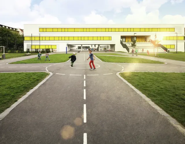 Textiler Sonnenschutz Schule Neubau Markisen