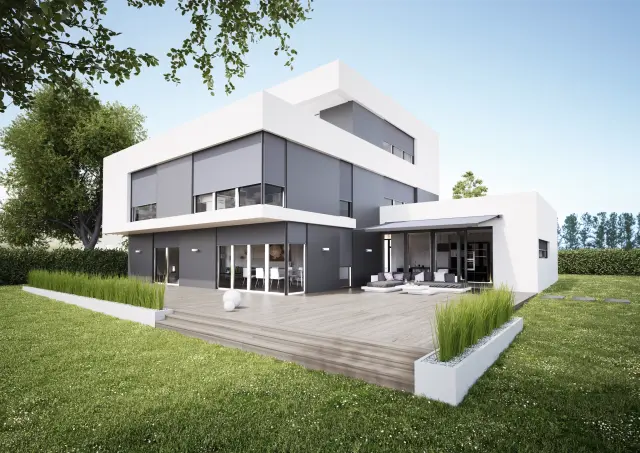 Stores toile extérieurs autoportants pour pose en réservation avec guidage par coulisses