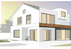 Illustration Gebäude mit Mückenschutz an allen Fenstern und Türen