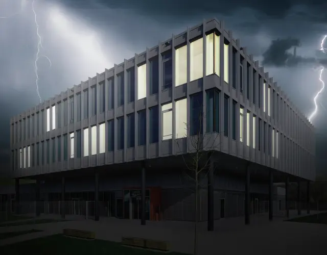 Bâtiments dans l'obscurité, ciel rempli d'éclairs