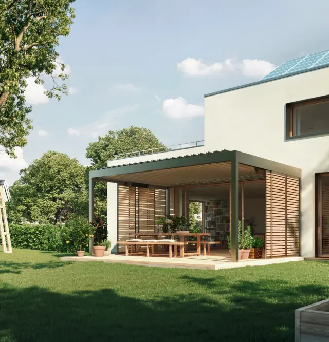 Saniertes Backsteinhaus it großer Terrassen und Terrassenüberdachung aus Aluminium und Stoff