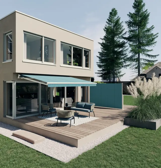 Vue du jardin d'une maison individuelle avec un store de terrasse bleu et un store latéral assorti