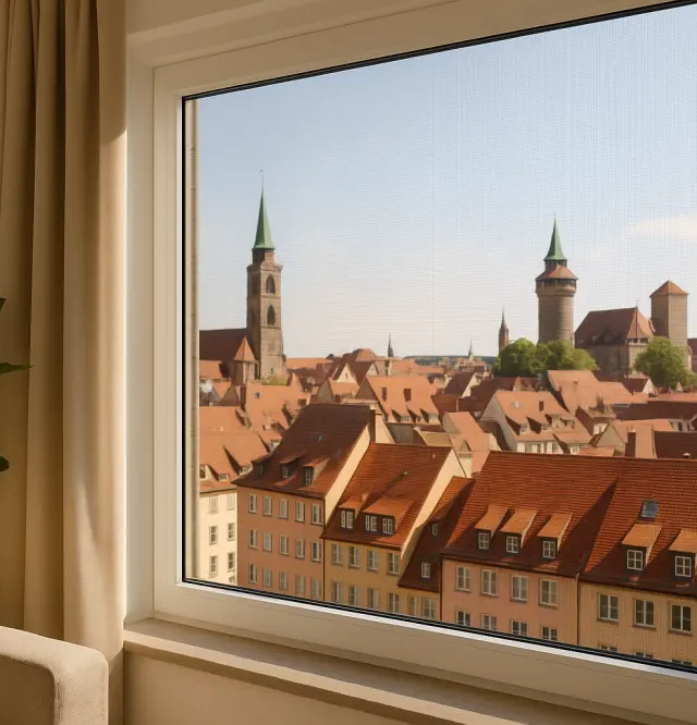 Blick durch ein Fenster mit Insektenschutz auf die Altstadt von Nürnberg