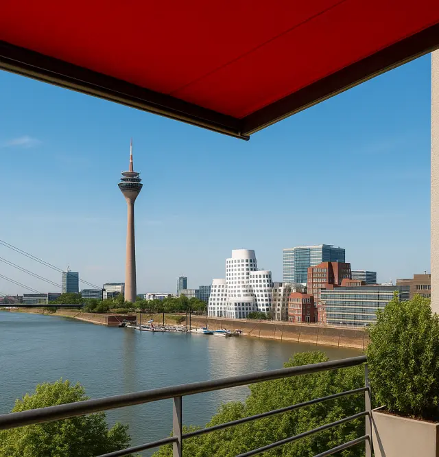 Düsseldorf Markisen: eine moderne Terrasse mit Markise und Blick auf den Rhein und den Fernsehturm