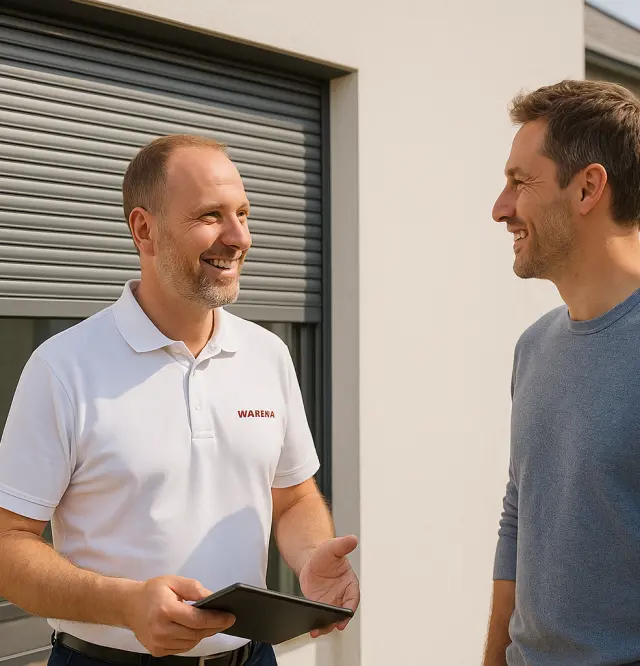 Zwei Männer im Gespräch vor modernem Haus mit Rollläden